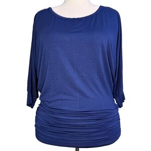 Blue Dolman Boat Neck 3/4 Sleeve Ruched Hem Top XL